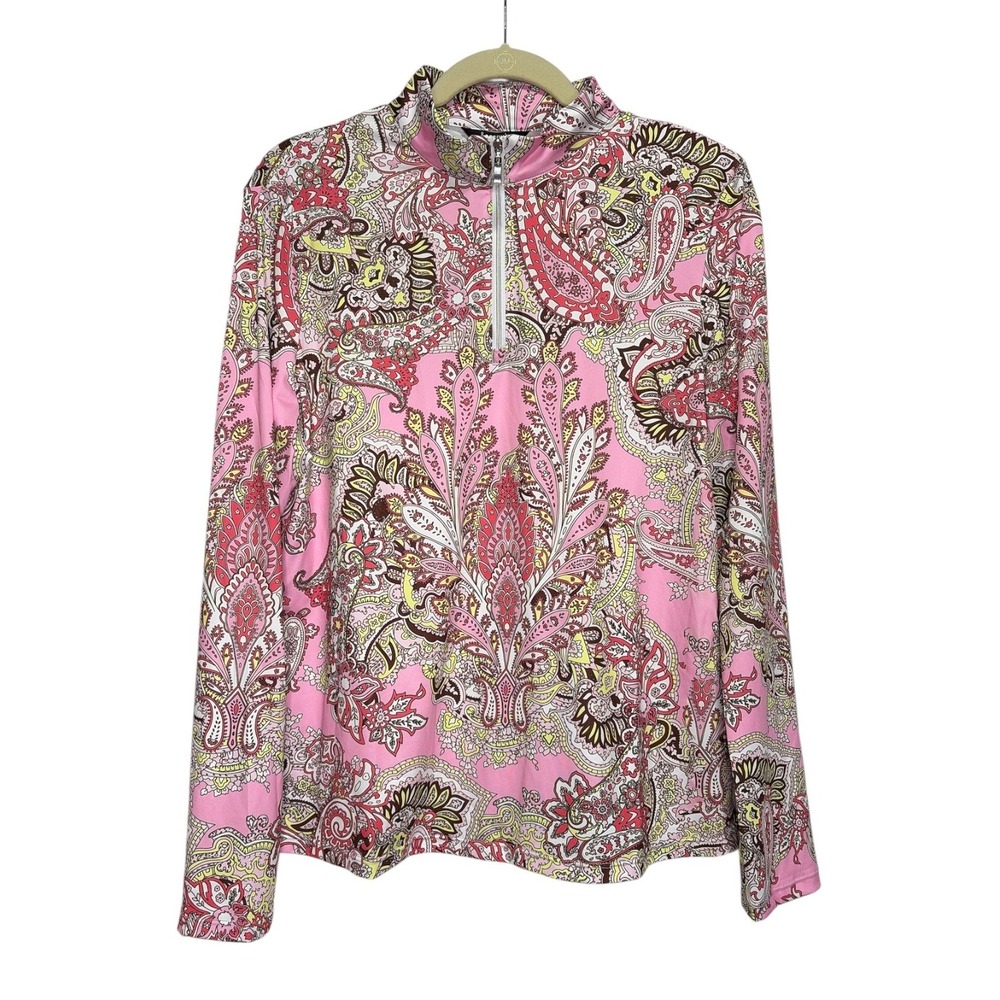 ACEGOLFS Women Pink Paisley Quarter Zip Long Sleeve Sunshirt Golf Top Size L NWT